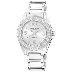AKRIBOS XXIV WHITE SILVER LINKS CRYSTALS WATCH
